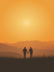 Fototapeta premium Silhouette Couple Holding Hands Enjoying Sunset Mountain View Together