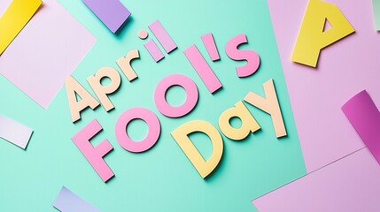 "April Fool's Day" charm text in paper cut style with a colorful background, flat lay composition, featuring copy space for a creative design banner template, minimalistic, and pastel color scheme.  