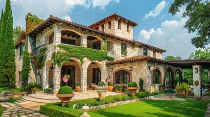 Naklejka premium Classic style villa with an old-world charm, featuring stone walls and arches.