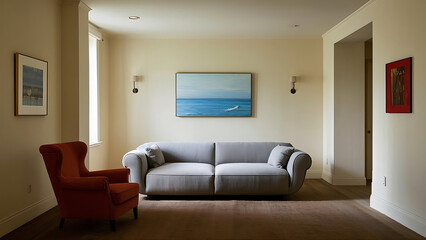Modern living room with gray sofa, red armchair, and ocean painting