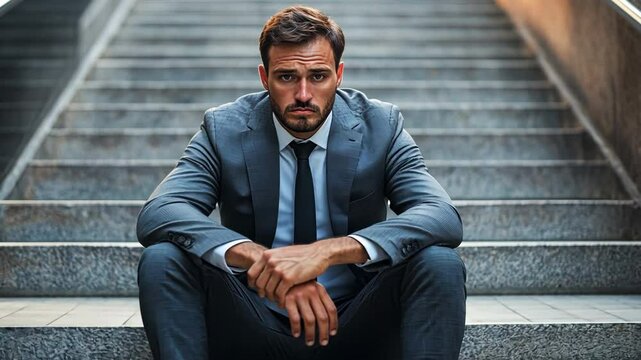 A depressed businessman sitting on stairs, afflicted by stress and overwork.