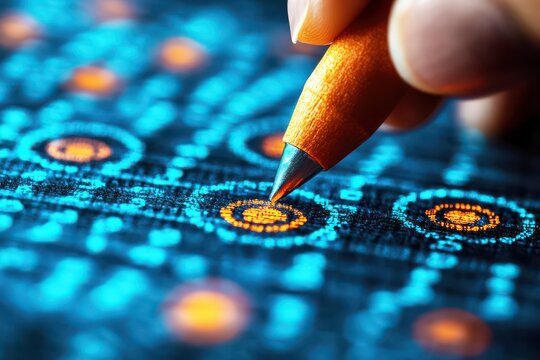 Close-Up View of Hand Holding a Pen Over Digital Circuit Pattern with Bright Circles and Lines Representing Technology and Innovation Concepts
