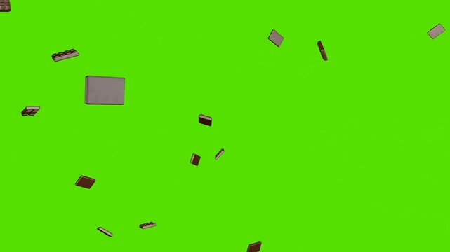 Chocolate bars explode on green screen. Dessert concept. 3D animation.