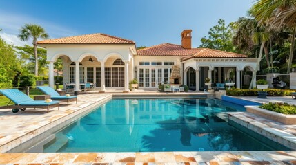 Fototapeta premium Luxury classic style villa with a pool and beautiful landscaping.