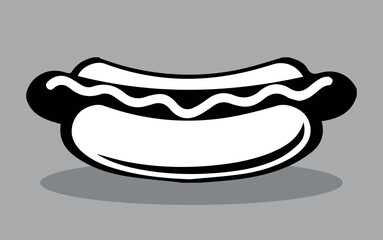 Cartoon Hot Dog with Simple Black and White Design. A black and white digital illustration of a hot dog, emphasizing its bold and minimalistic style with a classic bun and sausage.