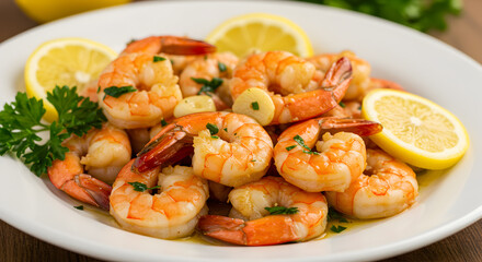 Fototapeta premium Succulent lemon garlic shrimp dish served with fresh herbs and citrus slices