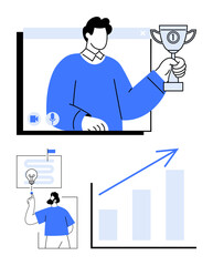 Person in video call holding trophy, reaching goals concept, bar chart growth, innovative idea illustration. Ideal for teamwork, success, achievement, online collaboration, leadership innovation