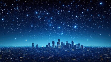 A vibrant city skyline under a starry night sky, showcasing illuminated buildings against a deep blue backdrop filled with shimmering stars.