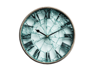 Broken clock with shattered glass revealing the passage of time