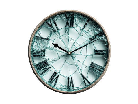 Broken clock with shattered glass revealing the passage of time