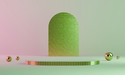 Bright gold arch stands against a pastel backdrop with reflective spheres on an elevated podium. 3d render
