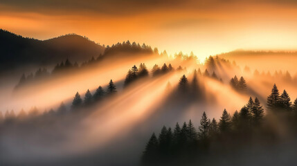 Obraz premium Golden sunrise illuminating misty conifer forest landscape