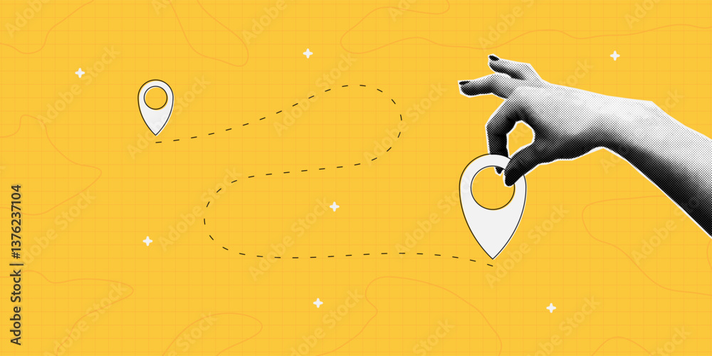Leinwandbilder Collage banner with halftone hand holding map location pointer. Map pin or navigation pointer with dotted route or way in collage style with halftone effect. Vector.