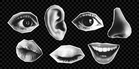 Set of eyes, mouth, and nose with halftone effect. Collage halftone elements for banner, poster and social media on transparent background. Vector.
