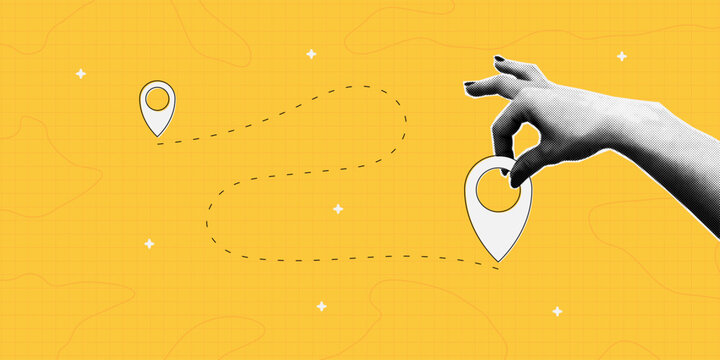 Collage banner with halftone hand holding map location pointer. Map pin or navigation pointer with dotted route or way in collage style with halftone effect. Vector.