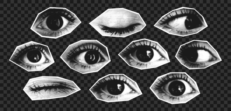 Collage eyes set with halftone effect. Closed and open eyes with different looks. Cutout halftone collage elements for banner, poster and social media. Transparent background. Vector.