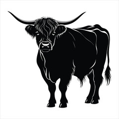 Black and white silhouette of a Highland cow.