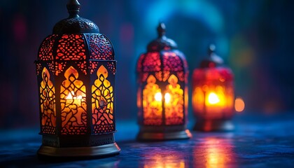 Ramadan lanterns with glowing, and night.