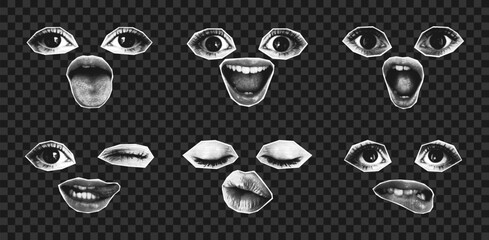 Female eyes and mouth combined into one portrait or avatar in collage style with halftone effect. Set of halftone girl faces with different emotions. Vector.