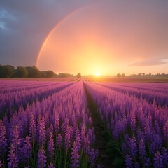 Scenic Sunrise Over Blooming Phacelia Field with Rainbow, Capturing Rural Tranquility