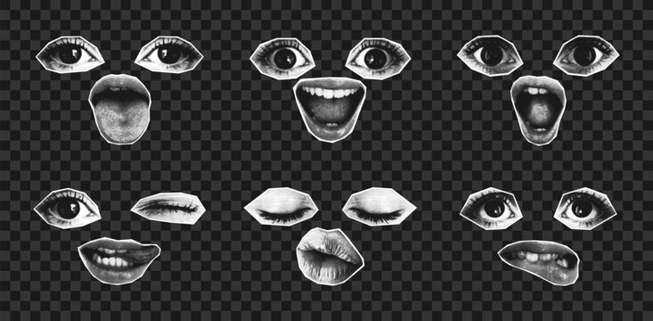 Female eyes and mouth combined into one portrait or avatar in collage style with halftone effect. Set of halftone girl faces with different emotions. Vector.
