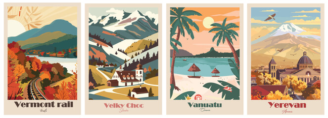 Obraz premium Vintage Travel Poster - Vanuatu, Velky Choc, Vermont Rail Trails, Yerevan