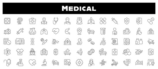 Medicine and Health icons. Collection health care medical signs and symbols. Medical, medicine, health care, hospital thin line icon collection. Editable stroke