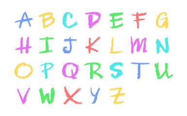 English alphabet hand-drawn in a crayon. Capital colorful letters in chalk, pastel, or wax style. Highlighter effect on white board for kindergarten drawing and learning. Cartoon vector illustration.