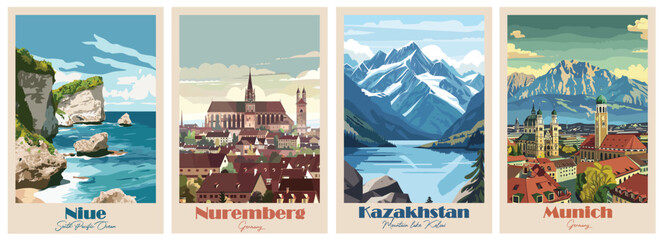 Fototapeta premium Mountain lake Kolsai in Kazakhstan, Munich, Germany, Niue, South Pacific Ocean, Nuremberg, Germany - Vintage Travel Poster. Vector illustration. High quality prints, design