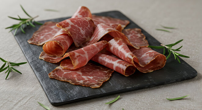 Delicate leonese cecina cured beef slices arranged with fresh rosemary on a stone slate