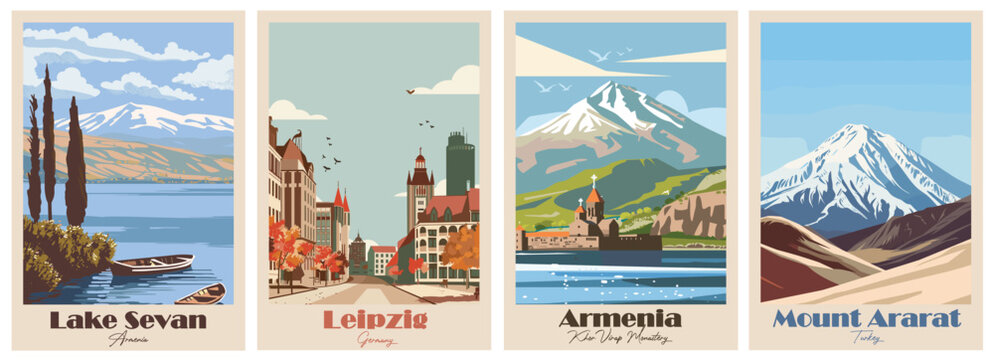 Khor Virap Monastery , Armenia, Lake Sevan, Armenia, Leipzig, Germany, Mount Ararat ,Turkey - Vintage Travel Poster. Vector illustration. High quality prints, design