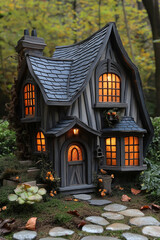 Fototapeta premium Miniature tudor style cottage illuminating a mystical forest