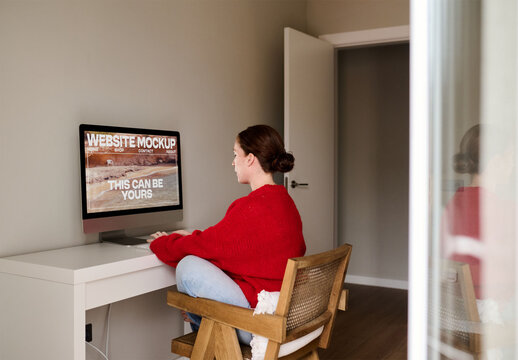 Woman Working at Home Desk in Cozy Environment. PSD mockup of Screen computer