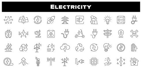 Electricity icons. Electric energy vector icon set. Energy, electrical energy, electricity related thin line icon collection. Editable stroke