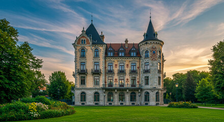 Fototapeta premium Historic castle-like building at sunset, surrounded by greenery.