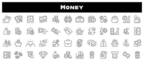 Money Related vector icons. Simple Set of finance line icons. money, finance, wallet, ATM, Coin, Banking related thin line icon collection. Editable stroke