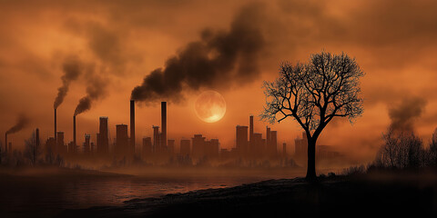 Industrial pollution emitting smoke into atmosphere at sunset