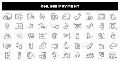 Online payment vector icons. Pay online icons collection. NFC, money, bitcoin, credit card, cash, online payment related thin line icon collection. Editable stroke