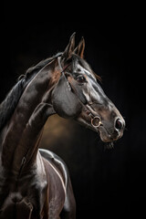 Portrait Black raven stallion with shiny skin on a black background. Beautiful graceful animal