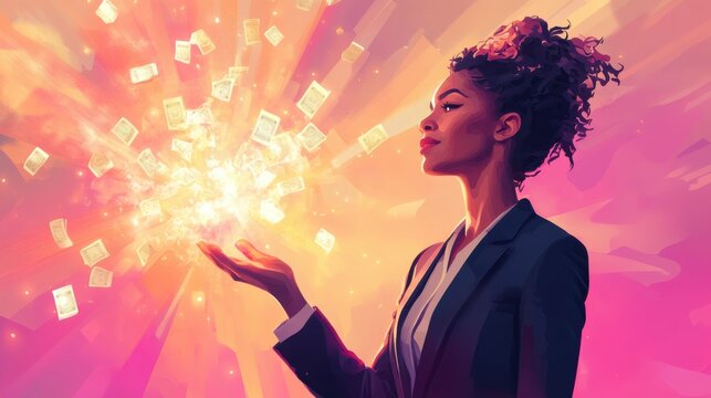A woman in business attire appears to conjure money, surrounded by vibrant colors, symbolizing wealth and success.