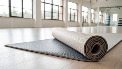 Rolled yoga mat on a wooden floor in a bright, spacious studio with large windows, creating a serene and inviting atmosphere.