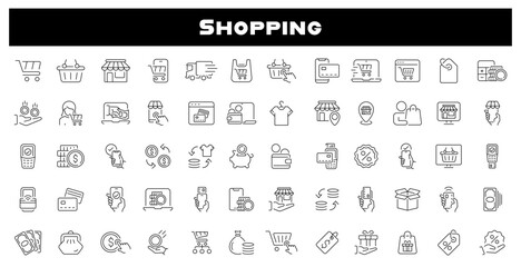 Shopping vector icons. Shopping icons in line style. Online shopping, digital marketing, delivery, coupon, shop, discount, bank card, gifts, shop, shopping related thin line icons