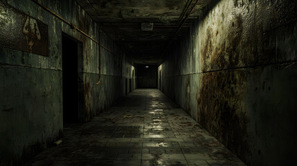 Dark and Eerie Abandoned Hallway with Distressed Walls and Floor