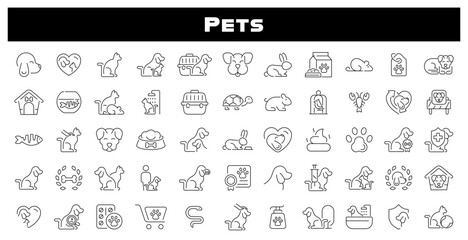 Pets vector icon set. Animal care and vet clinic icons. Dog, cat, puppy, animals, pets related thin line icon collection. Editable stroke