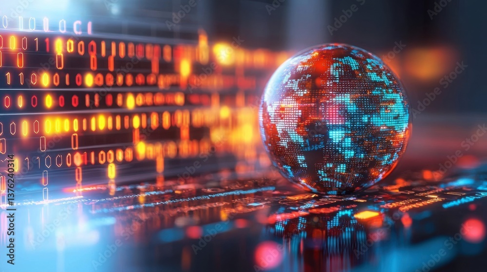 Poster computer screen displaying a 3d globe illustration with global data visualization and digital connec