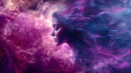 An ethereal portrait of a woman with flowing hair, surrounded by vibrant purple and pink smoke, creating a dreamy, surreal atmosphere.