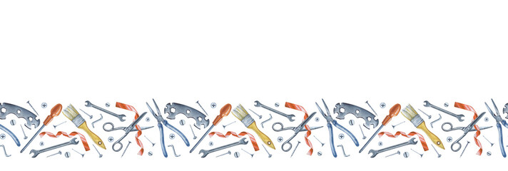 Watercolor seamless curb with various repair tools. Illustration of male instruments. Pliers, brush, nails, screws, screwdriver, scissors. An image for a design in a construction and repair service.