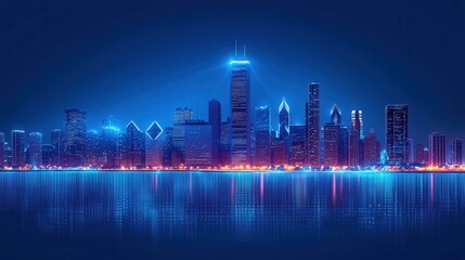 Fototapeta premium A stunning nighttime cityscape featuring illuminated skyscrapers reflecting on the water's surface, creating a vibrant and futuristic skyline.