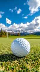 Obraz premium Close-Up of White Golf Ball on Green Turf with Flag and Scenic Mountains in Background under Blue Sky