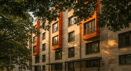 Naklejka premium Warm-toned building facade framed by tree branches.